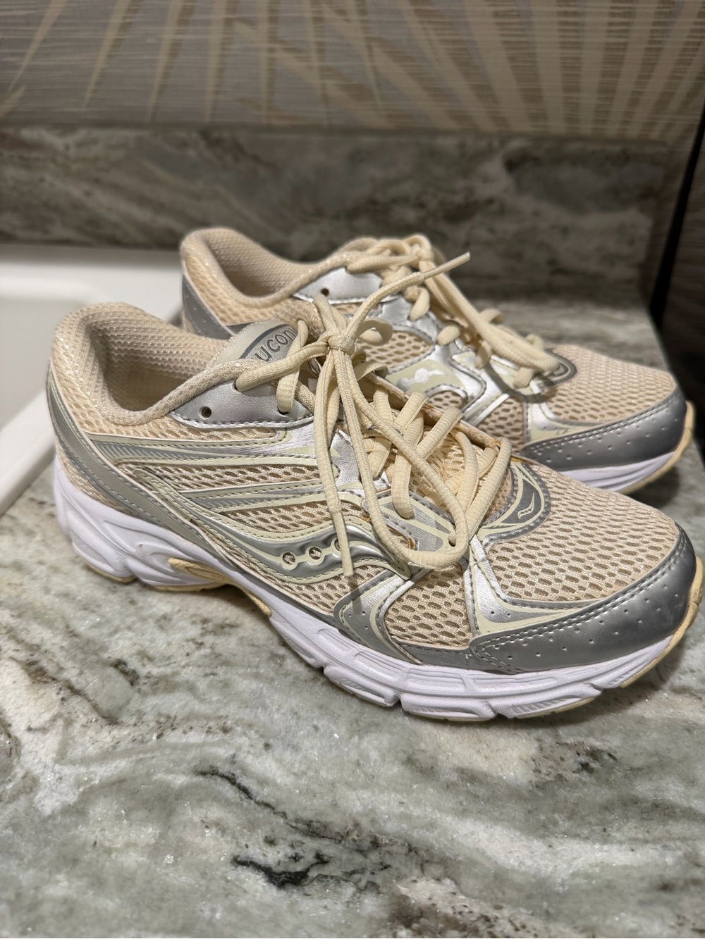 Saucony Beige and Silver Mesh Sneakers